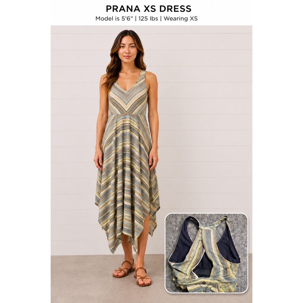 Prana XS Striped V-Neck Racerback Midi Dress Blue Tan Yellow‎ Boho